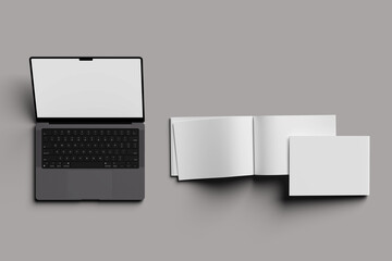 Modern Laptops Mockups With Blank Screens, Front View, Isolated On White Background. vector Illustration and Open magazine with a glued binding. Vertical A4 format. 3d illustration.
