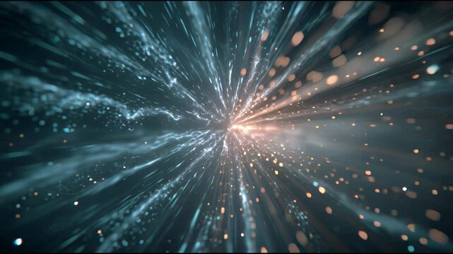 Abstract implosion effect visualized with inward moving light and particles in space.