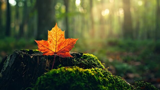 A vibrant, backlit orange leaf rests on a mossy tree stump in a sun-dappled forest scene