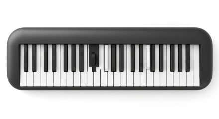 Fototapeta premium A modern compact digital keyboard with black and white keys rests on a clean white background. One key is detached, revealing its internal mechanism. The image is shot from directly above.