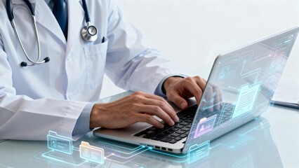 Doctor using laptop with digital interface
