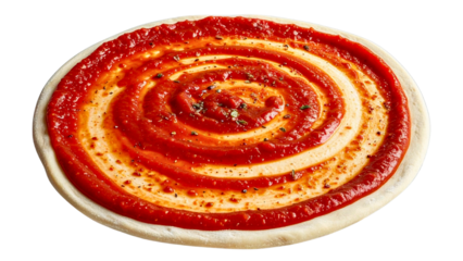 Pizza dough base with tomato sauce, preparing homemade italian food, round uncooked flatbread, transparent background