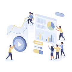 modern vector illustration of people interacting directly with oversized UI elements, dragging charts, tapping buttons, analyzing dashboards, flat SaaS illustration style