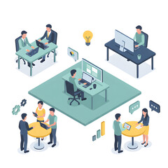 isometric flat vector illustration of office workers in different work situations