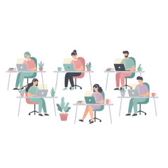 flat vector illustration of office workers in quiet focus mode, calm poses, soft pastel colors, minimal distractions