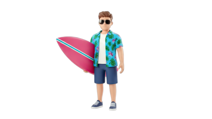 3D Surfer Man Holding Surfboard on White Background