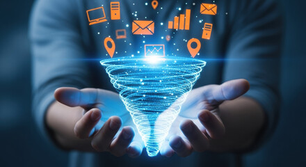 A person's hands cradle a vibrant, glowing digital tornado. Information icons like emails, charts, and computers float around the vortex, representing data flow and connectivity.