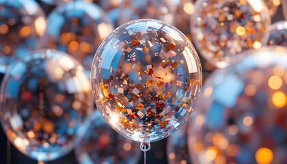 Clear Balloons Filled With Colorful Confetti Floating Together.