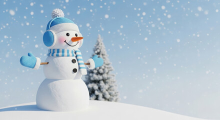 Fototapeta premium Smiling Snowman with Blue Earmuffs and Scarf in Snowy Winter Landscape