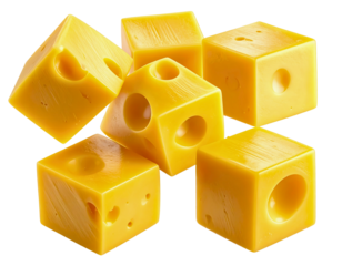Cheese cubes floating, savory dairy appetizer ingredient, yellow food pieces for cooking or snacking, transparent background