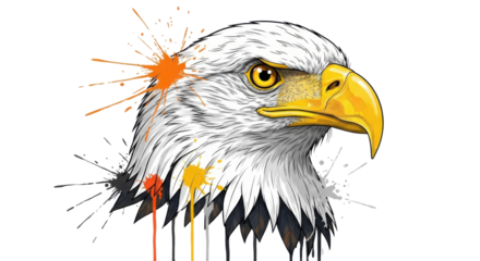 Artistic Bald Eagle Head Illustration with Colorful Paint Splatters and Drips Isolated
