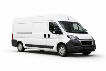 White commercial delivery van isolated on a clean white background, showcasing its spacious cargo design and practical utility.