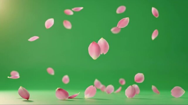 Pink rose petals falling gently over a lush green background creating a soothing natural scene