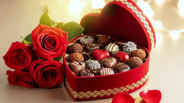 A heartshaped box of assorted chocolates and red roses on a white surface with warm lighting