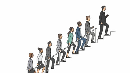 Diverse group of professionals ascending stairs symbolizing career growth and success.