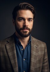 Obraz premium Professional Young Man Wearing Brown Plaid Blazer and Blue Shirt Portrait in Studio