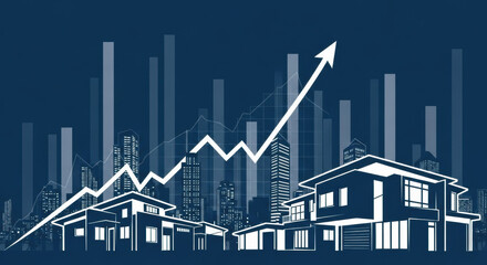 A white graph arrow points upwards over a dark blue cityscape silhouette with modern houses and tall buildings. Bar charts form the background.