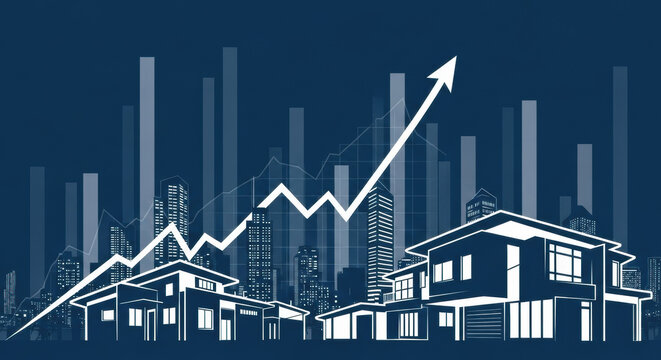 A white graph arrow points upwards over a dark blue cityscape silhouette with modern houses and tall buildings. Bar charts form the background.