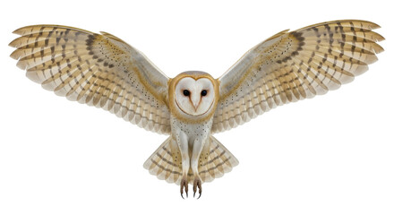 Naklejka premium Detailed Barn Owl illustration flying with outstretched wings, isolated on white background