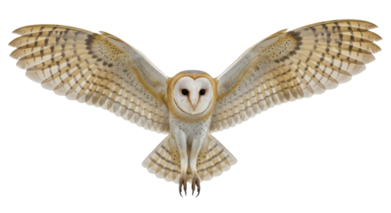 Detailed Barn Owl illustration flying with outstretched wings, isolated on white background