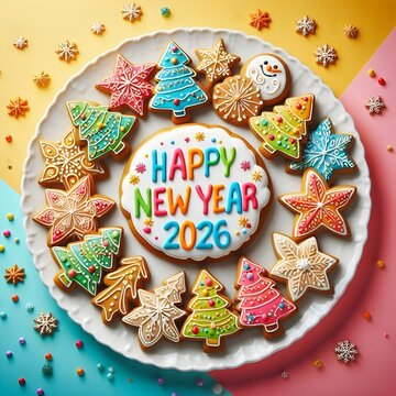 Festive Happy 2026 New Year gingerbread cookies with icing. Isolated vector illustration
