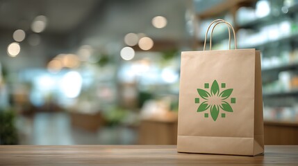 Eco-friendly paper bag displaying a green medical logo within a pharmacy store, blurred background and blank area for content.