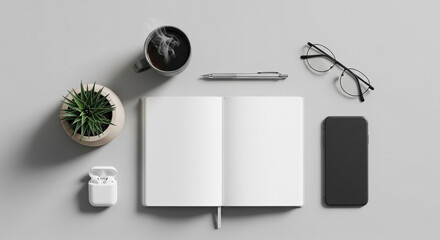 Modern minimalist workspace flat lay featuring an open blank notebook surrounded by coffee cup, smartphone, eyeglasses, pen, wireless earbuds, and a small plant on a clean neutral background. Ideal fo