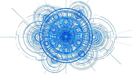 Futuristic blue glowing geometric mandala with intricate circular lines and shapes