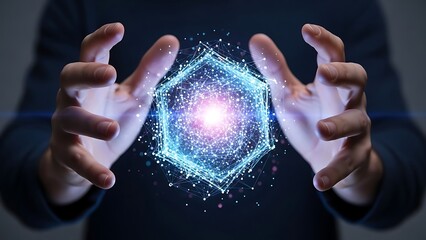 Hands framing glowing digital network hexagon, blockchain and cybersecurity concept