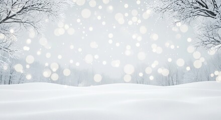 Winter snowy landscape background with soft bokeh lights and snow-covered trees