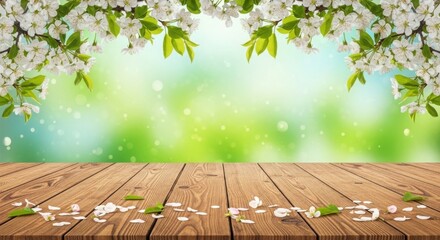 Empty Wooden Table with White Spring Flowers and Blurred Green Bokeh Background