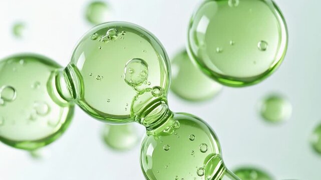 美容科学をイメージした美容液分子が動くアニメーション　緑色のぷるぷるの水滴  ジェネレーティブAI