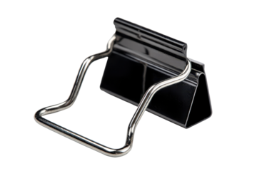 A black binder clip with a silver handle