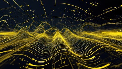 Abstract Golden Waveform with Flowing Light Particles on Dark Background.