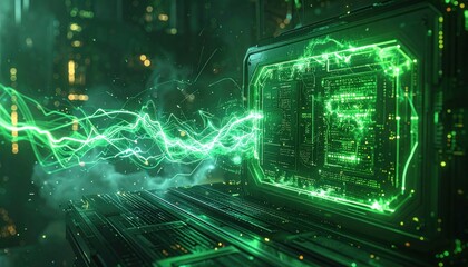 Abstract Green Energy Flowing Through a Futuristic Circuit Board.