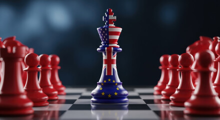 A symbolic chess game with the king piece adorned with US UK and EU flags facing red pawns. The image uses dramatic lighting to convey geopolitical tension and strategy.