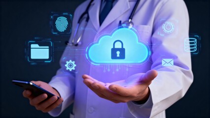 Doctor with digital cloud and icons