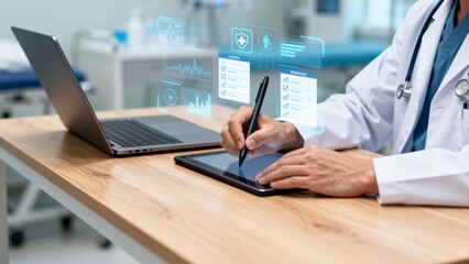 Obraz premium Doctor using digital tablet in clinic