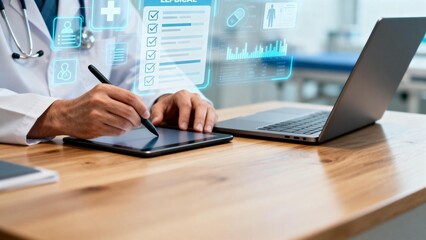 Doctor using tablet and laptop in medical setting