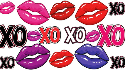 Colorful pop art lips and XO lettering on a black background design