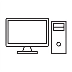 Simple line art icon of a desktop computer with monitor and tower