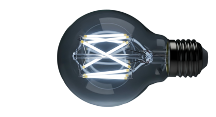 Modern LED filament light bulb with a smoked glass finish isolated on a white background.