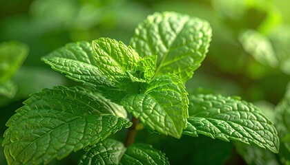 Fresh green mint leaves growing in a garden under bright sunlight