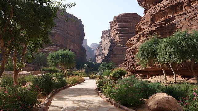 Explore breathtaking al ula canyon oasis saudi arabia sandstone formations and lush greenery pathway scenery.
