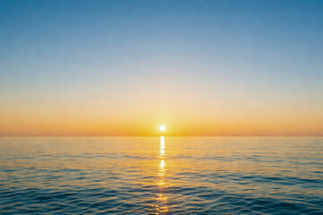 Naklejka premium horizontal orientation peaceful ocean sunrise over calm water with golden sunlight reflecting on gentle waves, warm gradient sky in soft orange and blue tones, serene natural seascape evoking hope