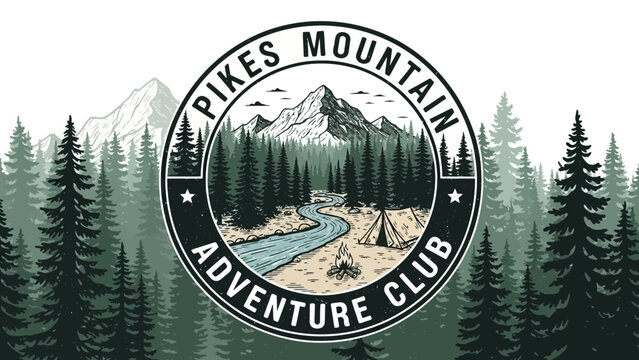 Pikes Mountain Adventure Club Emblem: Wilderness Landscape Design