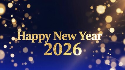 Happy new year 2026 motion graphics shimmering golden text animated on dark blue background with abstract bokeh light particles sparkling - Powered by Adobe