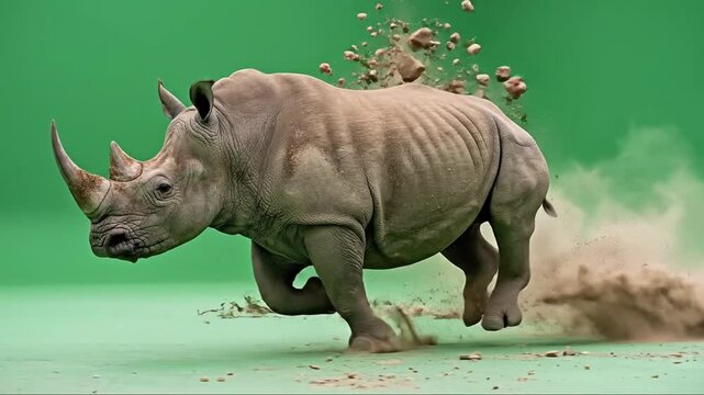 Dynamic animation of a realistic rhinoceros running through a desert with dust and debris in