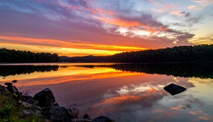 Obraz premium Stunning sunrise reflecting in calm lake, forested background, vibrant colors