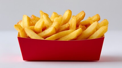 Fast food: Potatoes fries in a red container with a simple background.